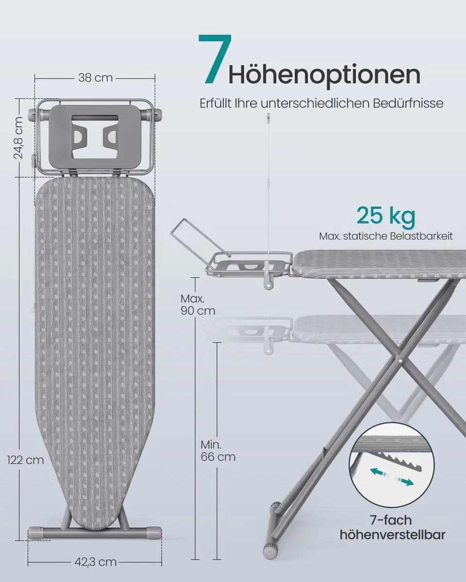 Songmics Strijkplank 122x38cm - Duifgrijs - Verstelbaar & Opvouwbaar - afbeelding 6 van 6