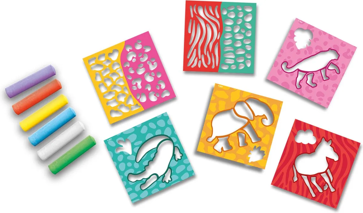 SES - Stoepkrijt - safari thema - krachtige kleuren krijt - met stevige kunststof sjablonen - 6 kleuren