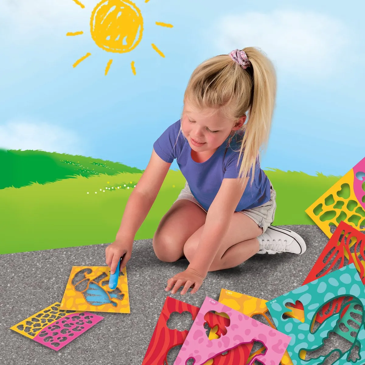 SES - Stoepkrijt - safari thema - krachtige kleuren krijt - met stevige kunststof sjablonen - 6 kleuren