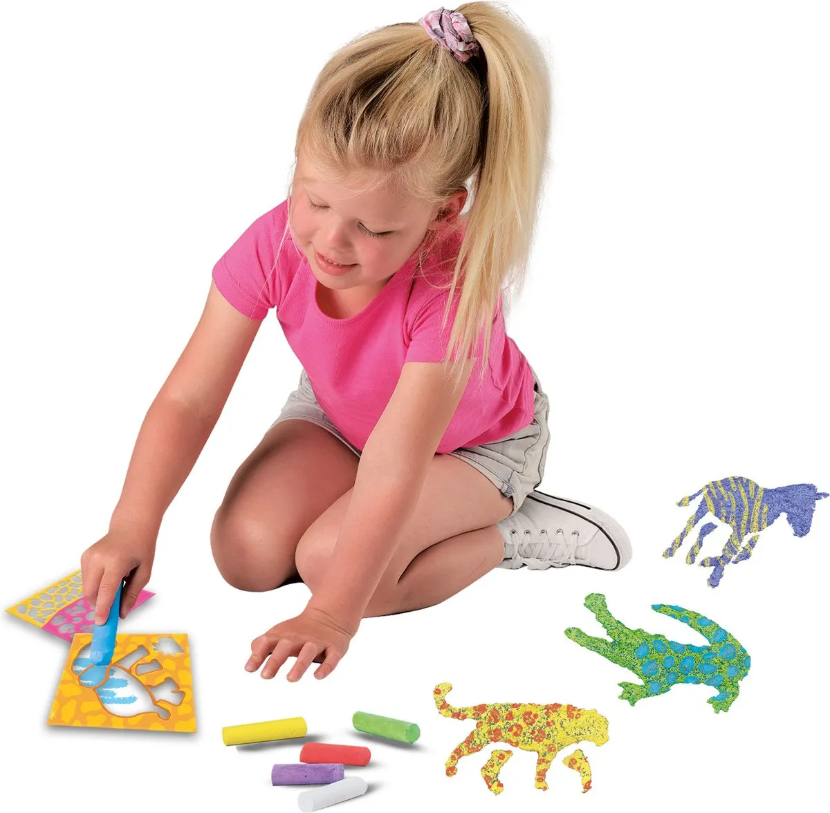 SES - Stoepkrijt - safari thema - krachtige kleuren krijt - met stevige kunststof sjablonen - 6 kleuren