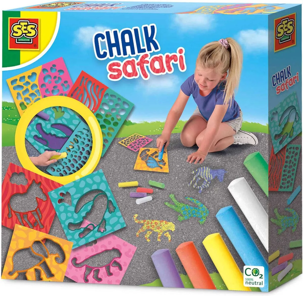 SES - Stoepkrijt - safari thema - krachtige kleuren krijt - met stevige kunststof sjablonen - 6 kleuren