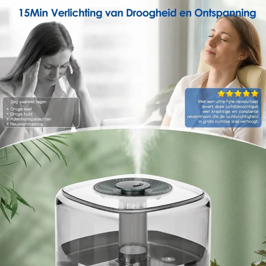 ECTEATOY Luchtbevochtiger 5L Ultrasoon - 30m² - Groente - afbeelding 4 van 6