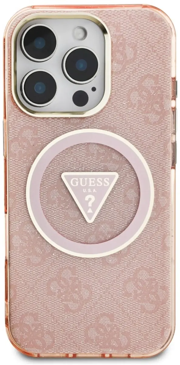 Guess Metal Glitter iPhone 16 Pro Hoesje - Roze