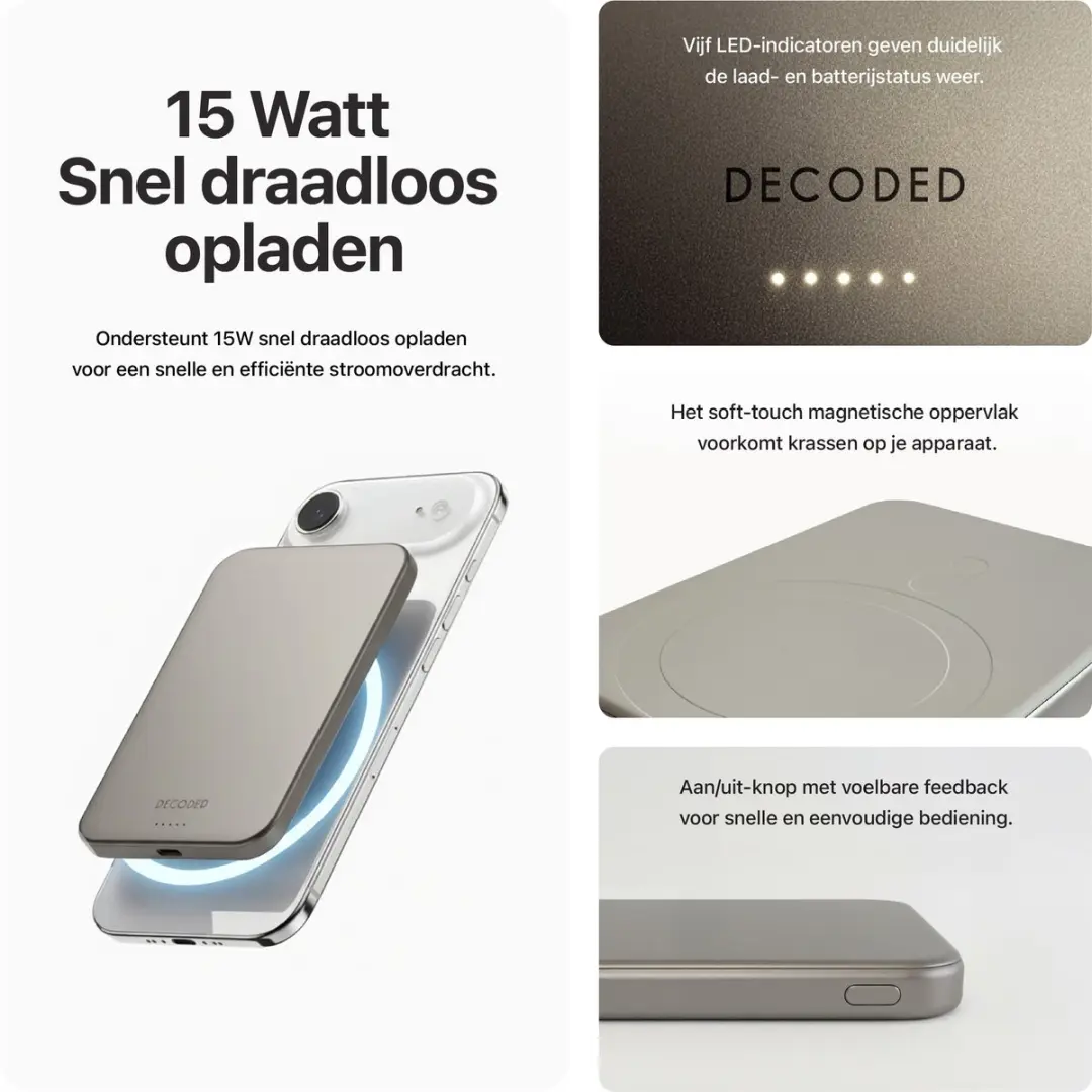 Decoded Ultra Slim Mag Powerbank DEC-PB5000M-TI - 5.000mAh - Titanium Grijs