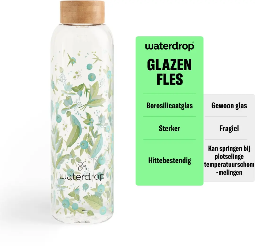 Waterdrop Glazen Drinkfles 600ml Clean Melange - Borosilicaatglas
