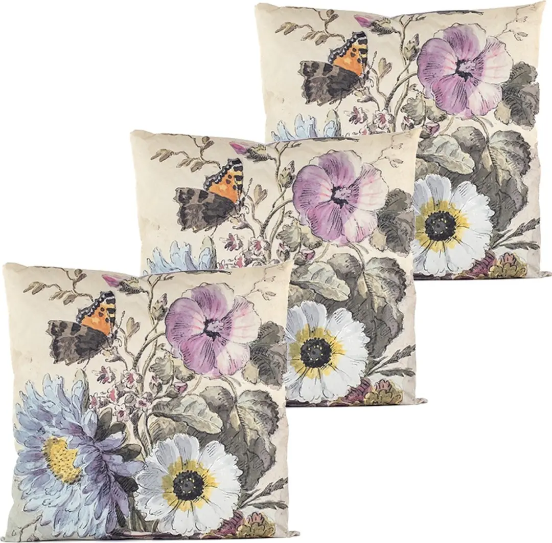 Anna's Collection Buitenkussen Bloem 3x - 60x60cm - Wit/Paars - Water- en UV-bestendig