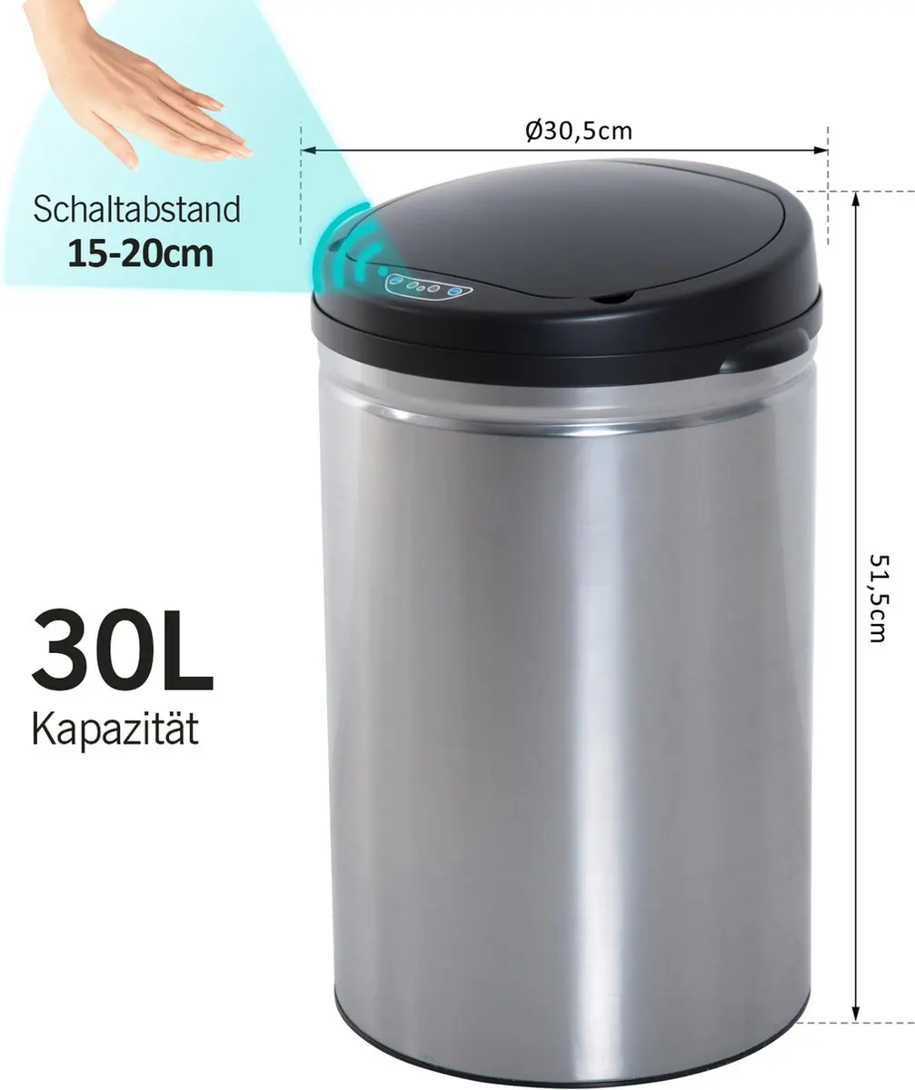 Homcom Automatische Afvalemmer 30L - IR Sensor - Zilver