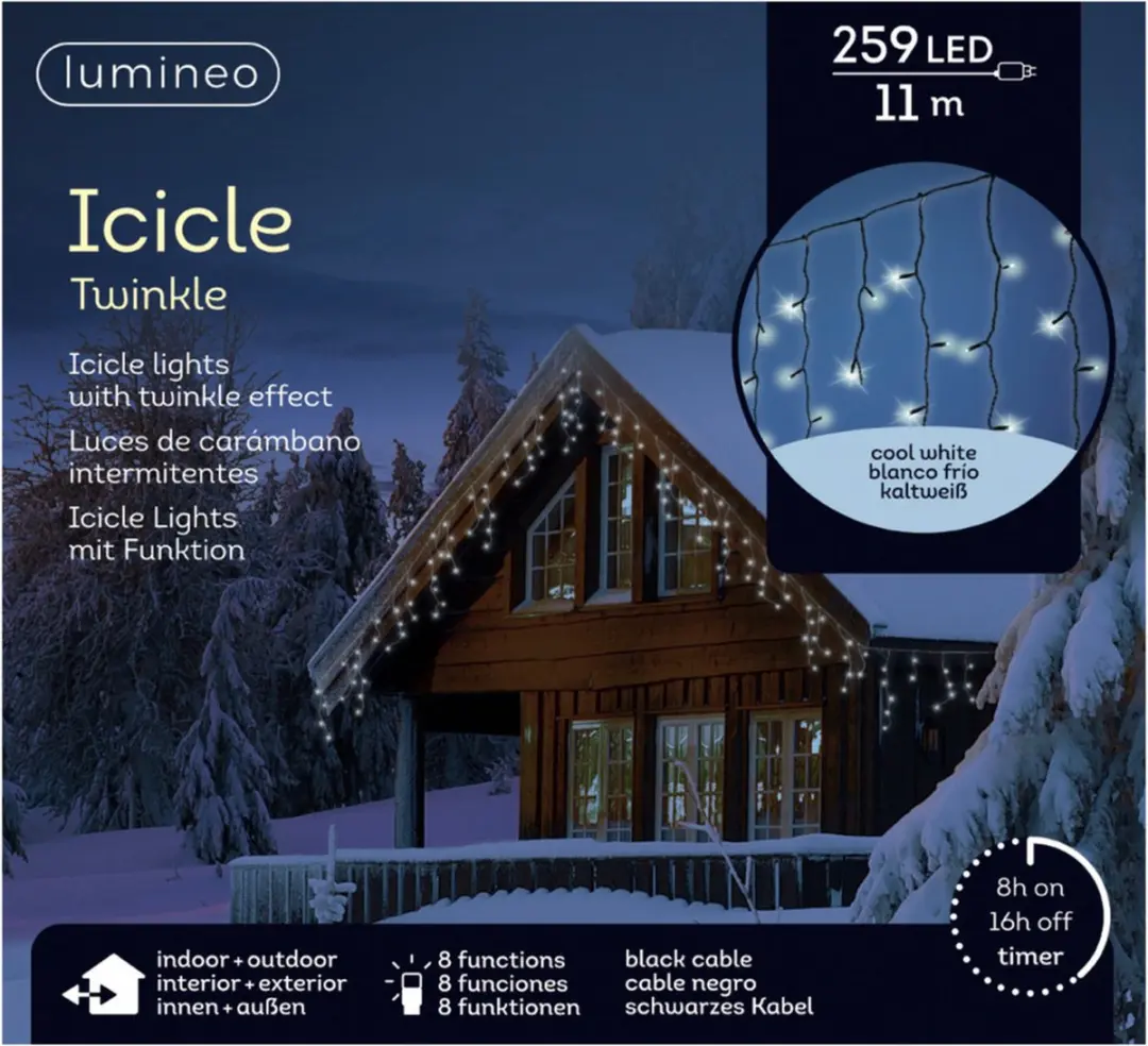 Lumineo IJspegel Kerstverlichting 1100cm - 259 LED - Koel wit - Zwart snoer