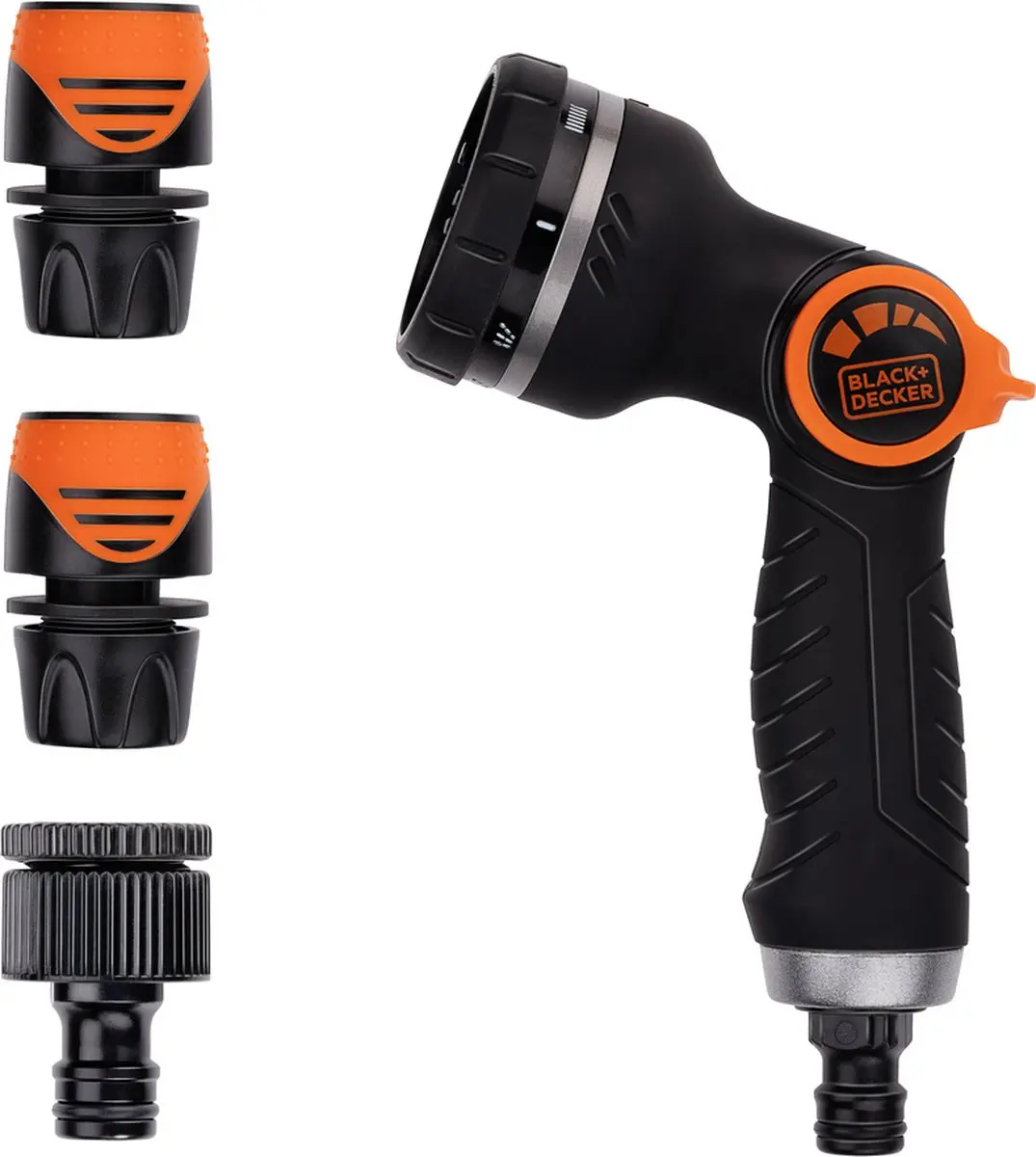 BLACK+DECKER Sproeikop met 3 Koppelingen - Aanpasbare Waterstroom - Zwart/Oranje