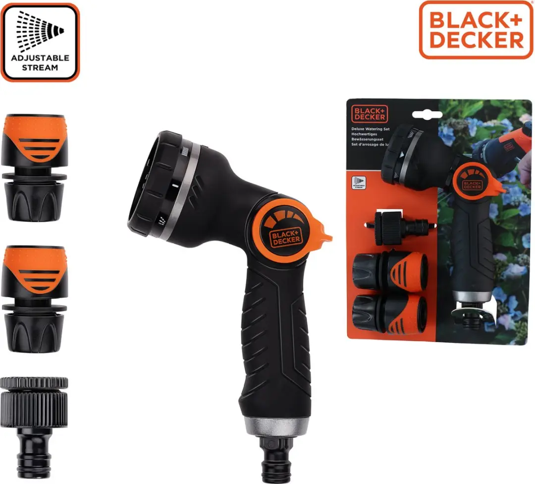 BLACK+DECKER Sproeikop met 3 Koppelingen - Aanpasbare Waterstroom - Zwart/Oranje
