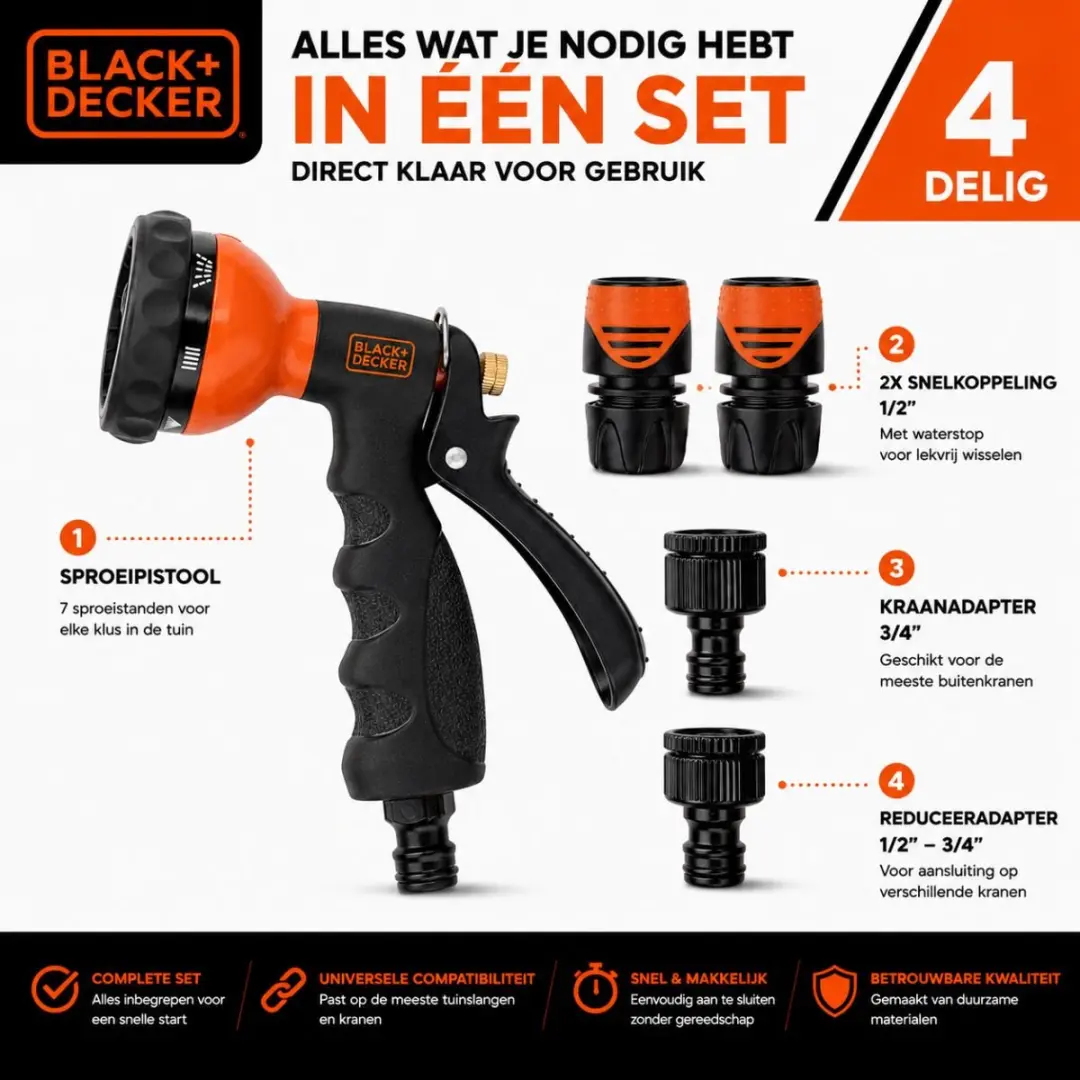BLACK+DECKER Sproeikop 3-koppeling 7 standen - Metaal - Zwart/Oranje