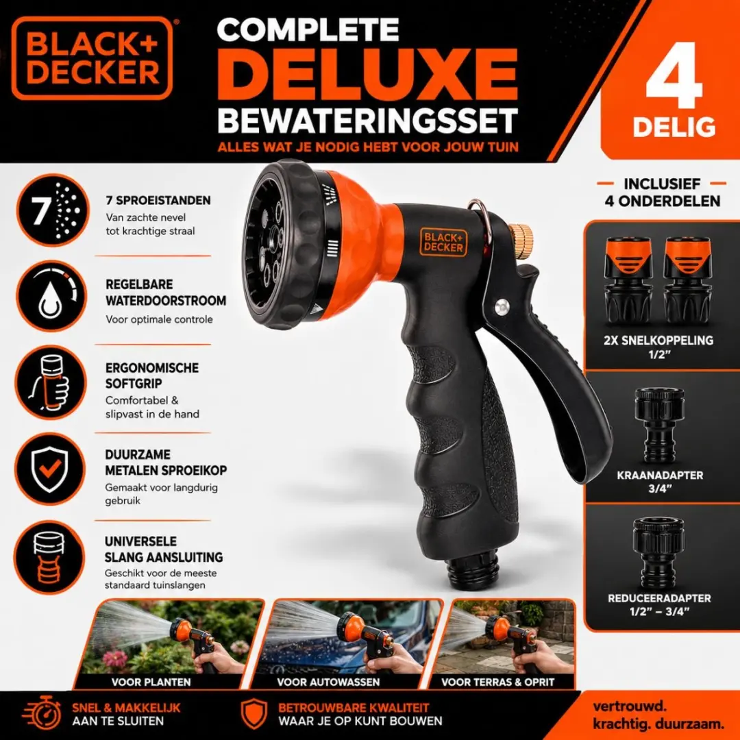 BLACK+DECKER Sproeikop 3-koppeling 7 standen - Metaal - Zwart/Oranje