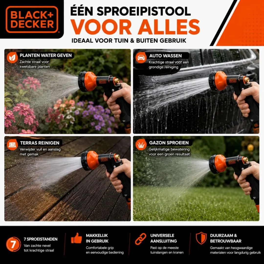 BLACK+DECKER Sproeikop 3-koppeling 7 standen - Metaal - Zwart/Oranje
