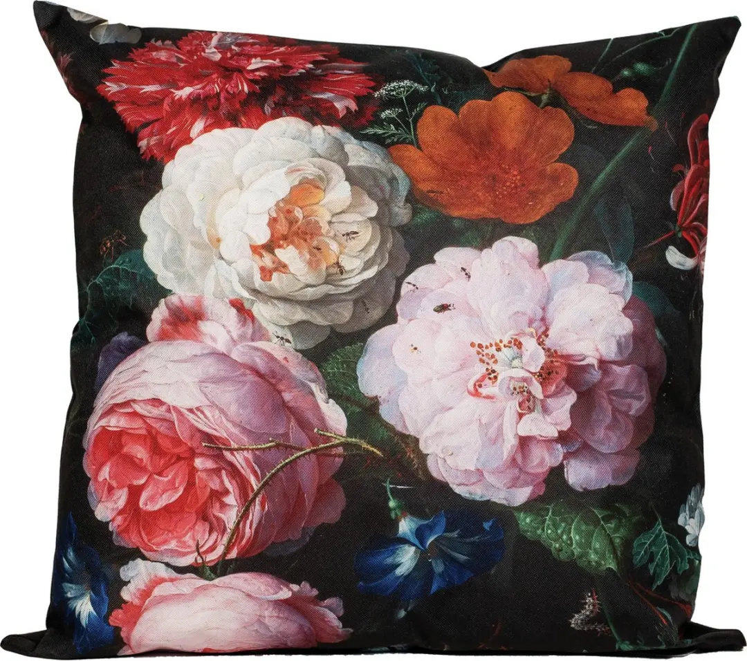 Anna's Collection Buitenkussen Bloem 60x60cm - Roze/Zwart - Water- en UV-bestendig