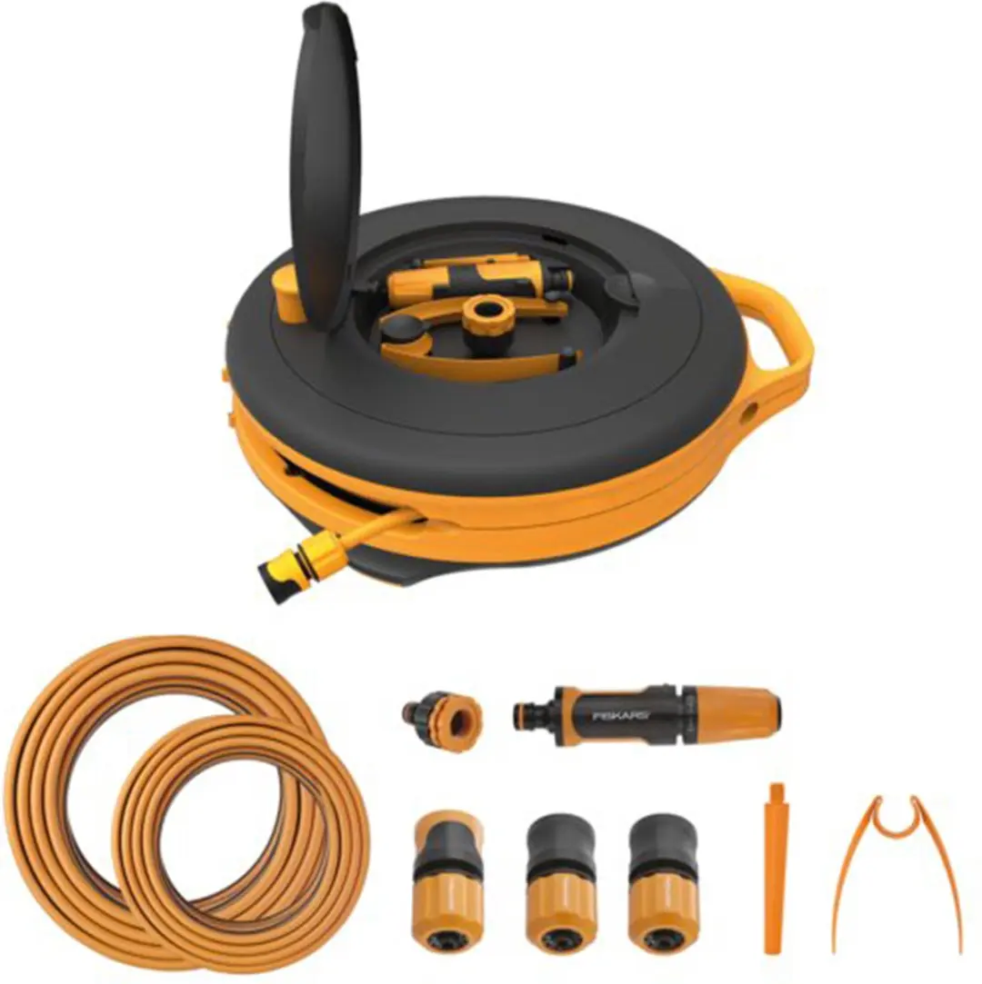 Fiskars Slanghaspel S 15m Wandbevestiging - Zwart Oranje