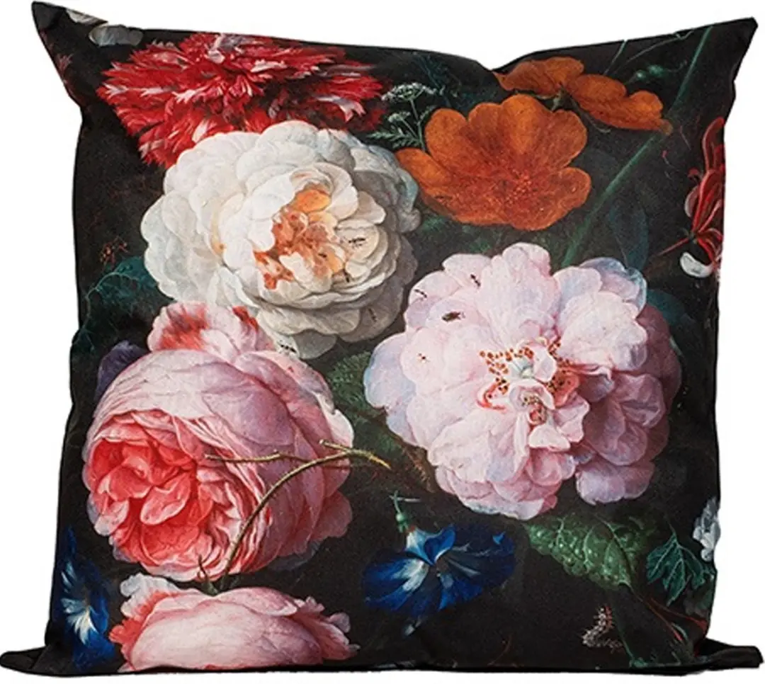 Anna's Collection Buitenkussen Bloem 60x60cm - 2 Stuks - Roze/Zwart
