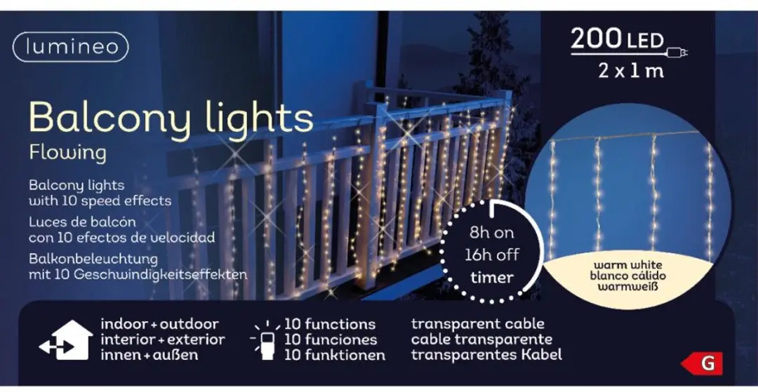Lumineo LED Gordijnverlichting Balkon 200x100cm - Warm Wit - Zwart