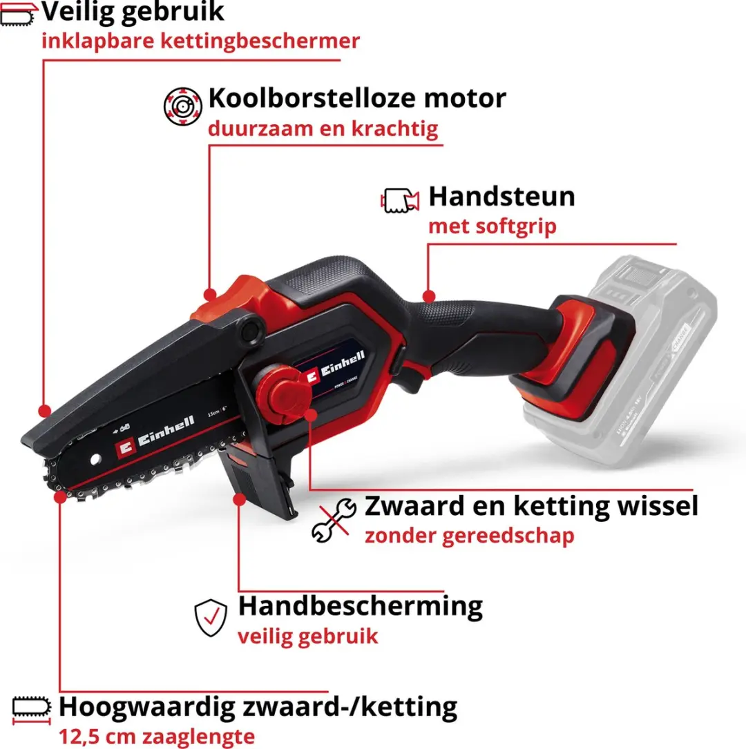 Einhell Accu Mini Kettingzaag GE-PS 18/15 Li BL-Solo - 18V - 20cm Zwaard