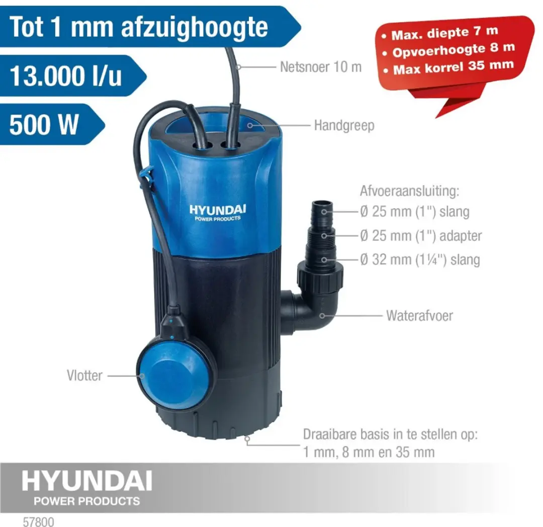 Hyundai Vlakzuigpomp 500W - 13.000 l/u
