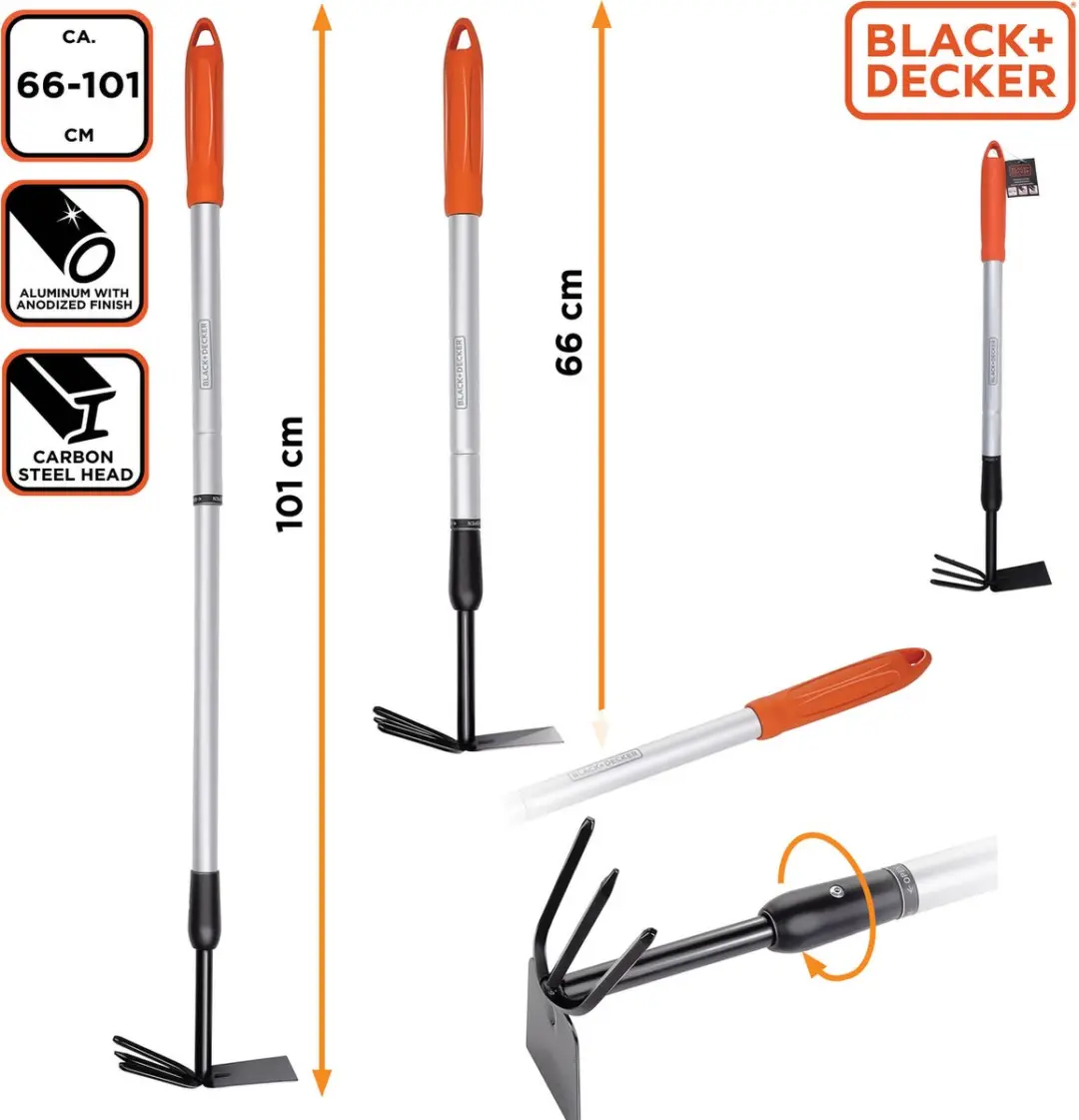 BLACK+DECKER Cultivator met Schoffel - Koolstofstaal 3-tanden - 66-101cm