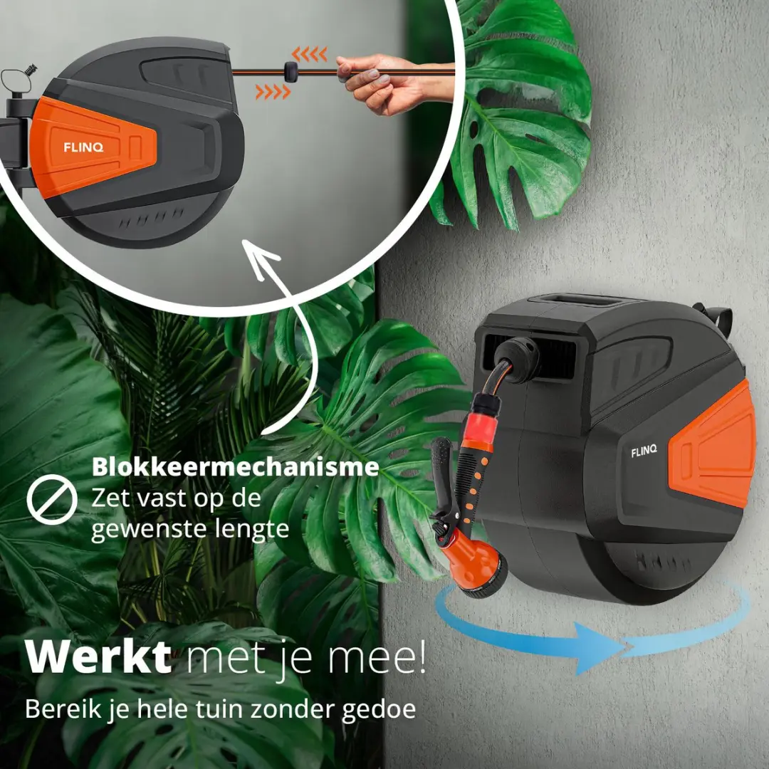 FlinQ Tuinslanghaspel 10m Automatisch - 180° Draaibaar - 9 Sproeistanden - Zwart