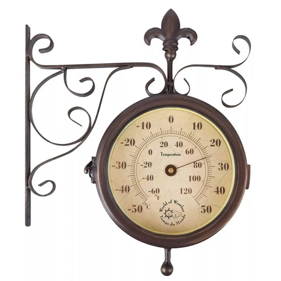 Esschert Design Stationsklok met Thermometer - 24,7 cm - Bruin - afbeelding 6 van 6