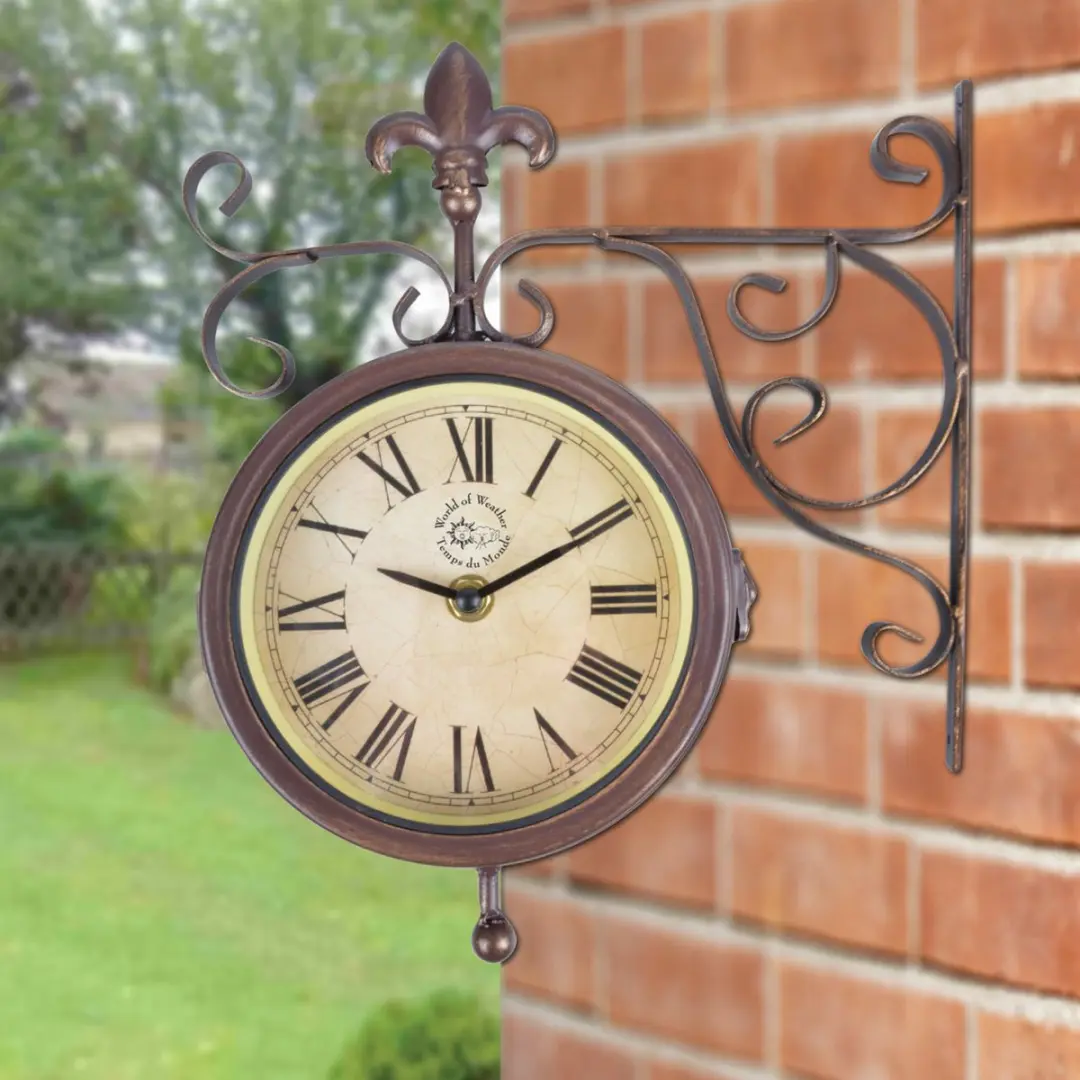 Esschert Design Stationsklok met Thermometer - 24,7 cm - Bruin
