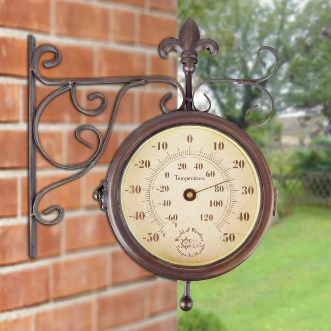 Esschert Design Stationsklok met Thermometer - 24,7 cm - Bruin