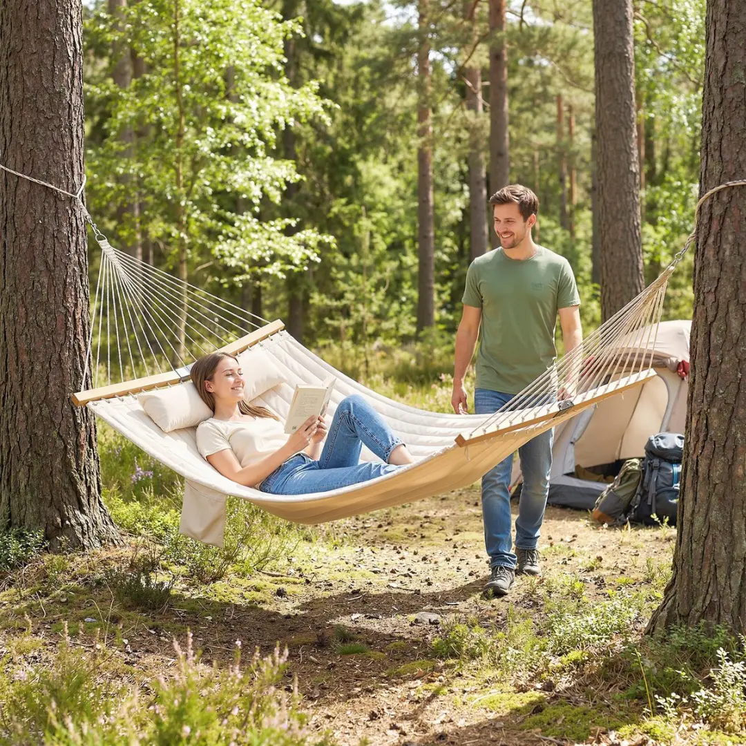 Outsunny Hangmat Beukenhout Polyester 325x140cm - 2 Personen - Crèmewit