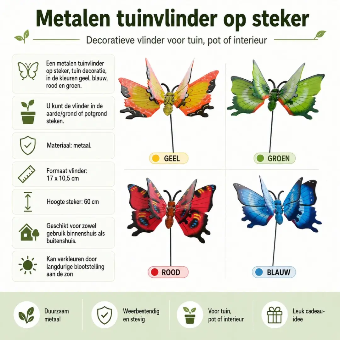 Decoris Tuinvlinder op Stok - Rood - 17x60cm - Metaal