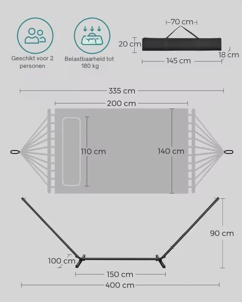 Songmics Vedder House Hangmat met standaard - 2 Personen 140cm - Grijs