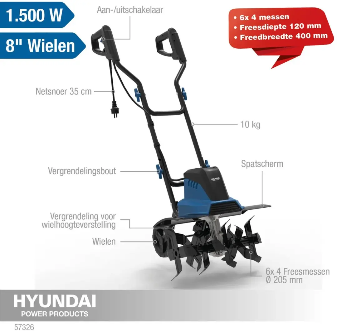 Hyundai Elektrische Grondfrees 1500W 400mm - 6 Messen