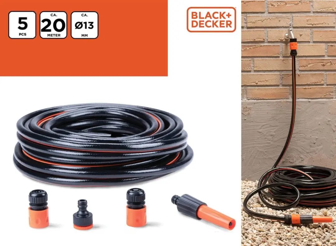 BLACK+DECKER Tuinslangset 20m - 5 Stuks - 6 Bar - Zwart/Oranje