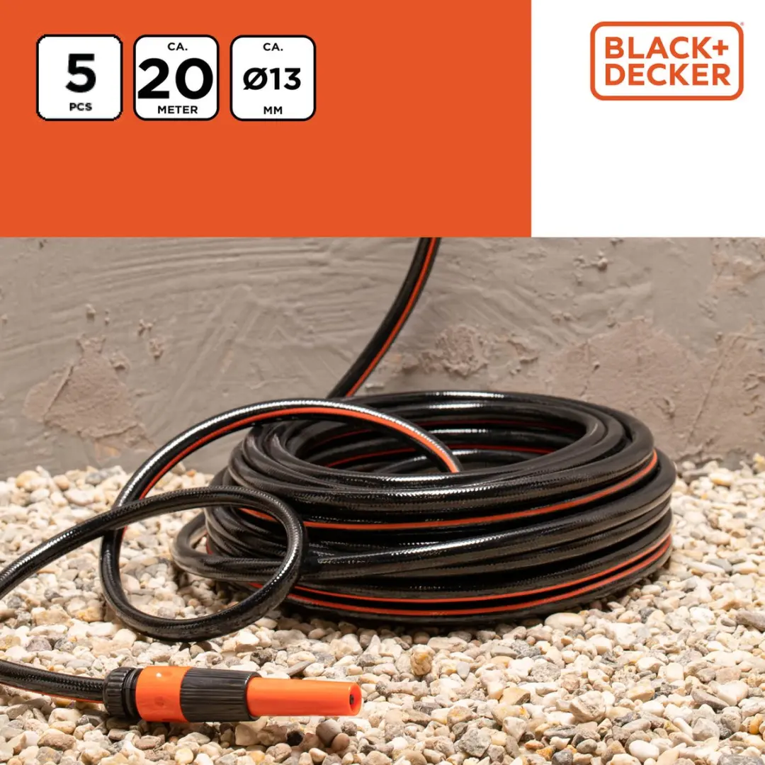 BLACK+DECKER Tuinslangset 20m - 5 Stuks - 6 Bar - Zwart/Oranje