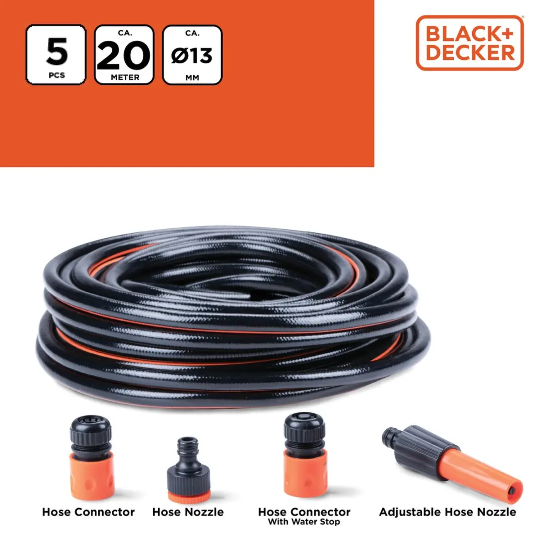 BLACK+DECKER Tuinslangset 20m - 5 Stuks - 6 Bar - Zwart/Oranje
