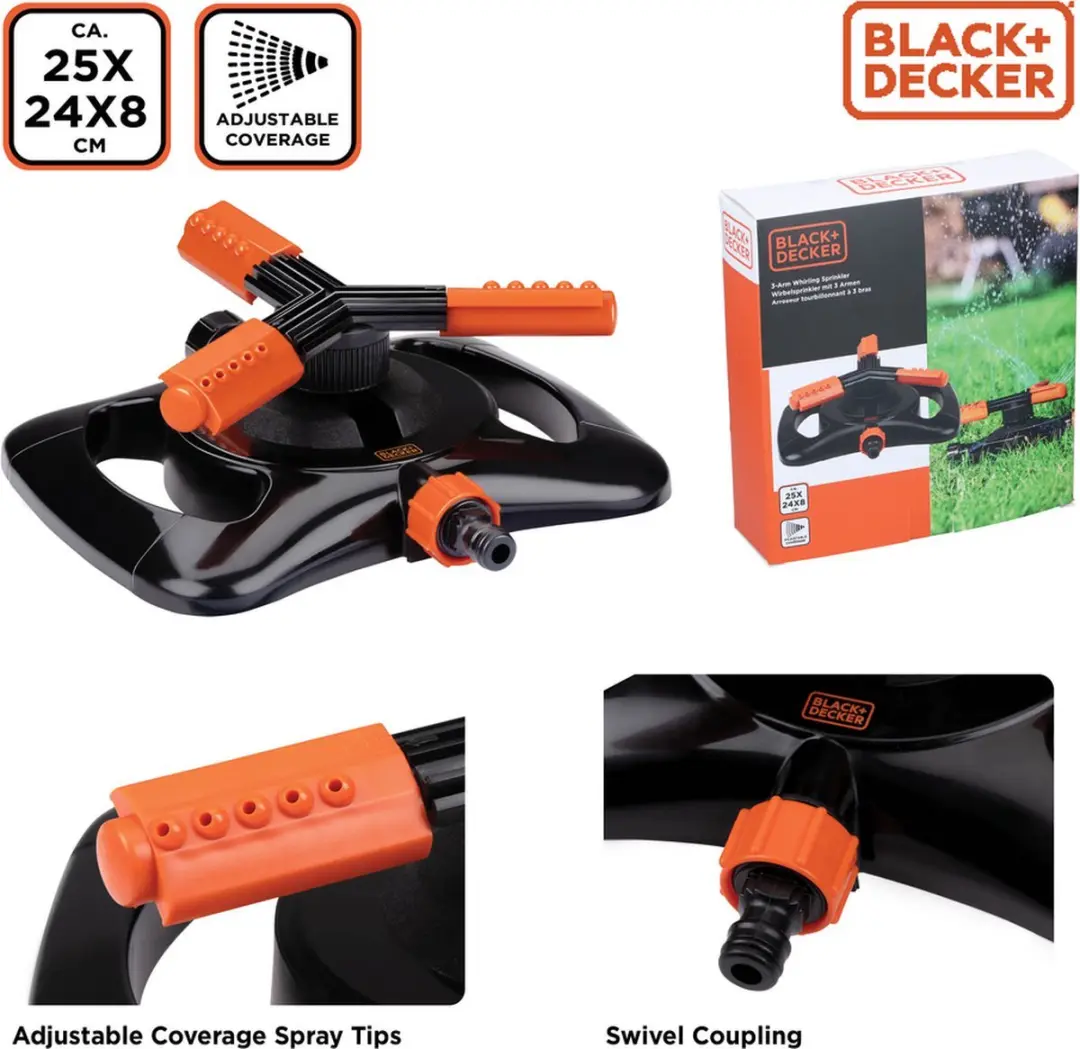 BLACK+DECKER Zwenksproeier 3 Armen - 360° Bewatering - Zwart/Oranje