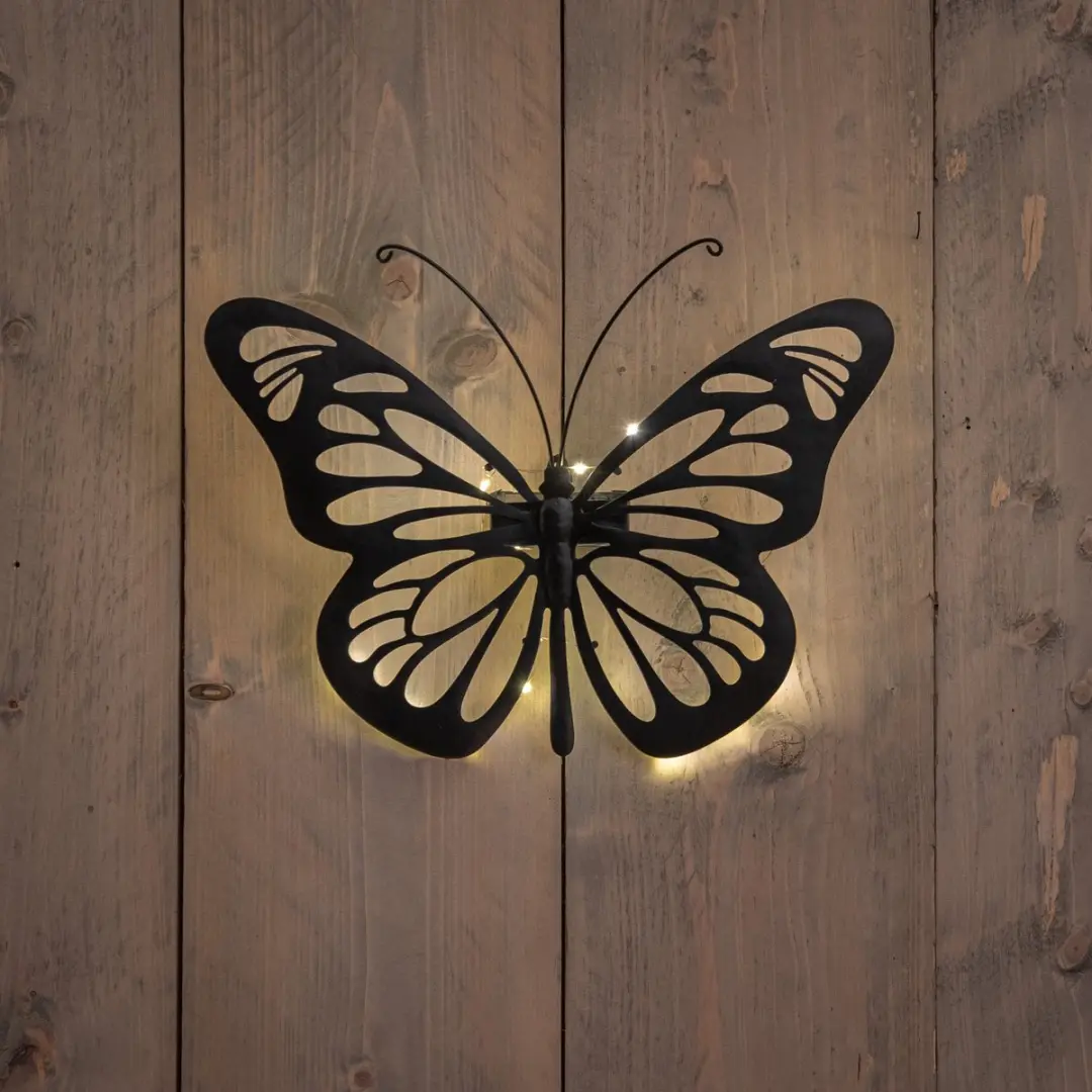 Anna's Collection Solar Wandlamp Vlinders 25x35cm - Metaal - Zwart