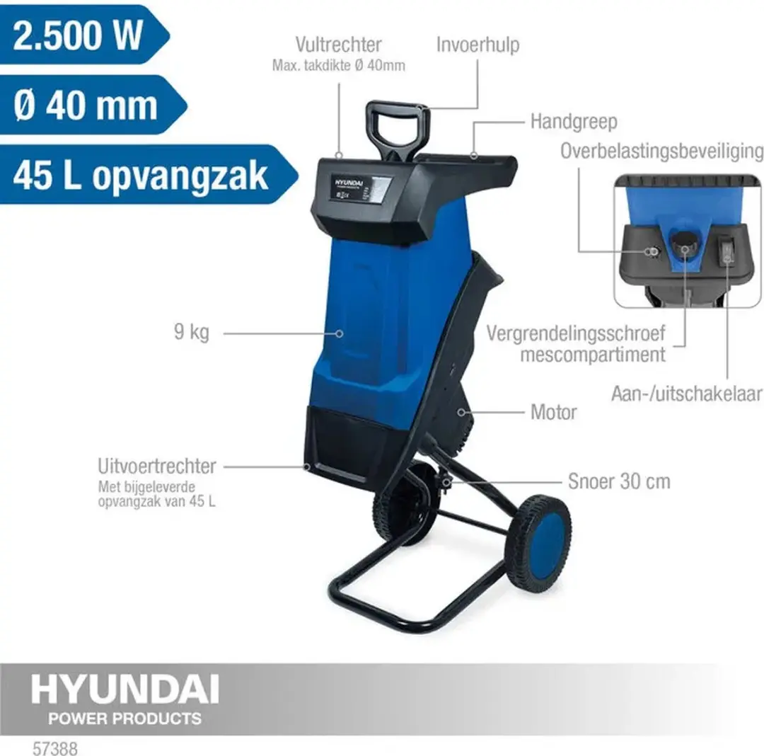 Hyundai Elektrische Hakselaar 2500W - Ø40mm - 45L Zak