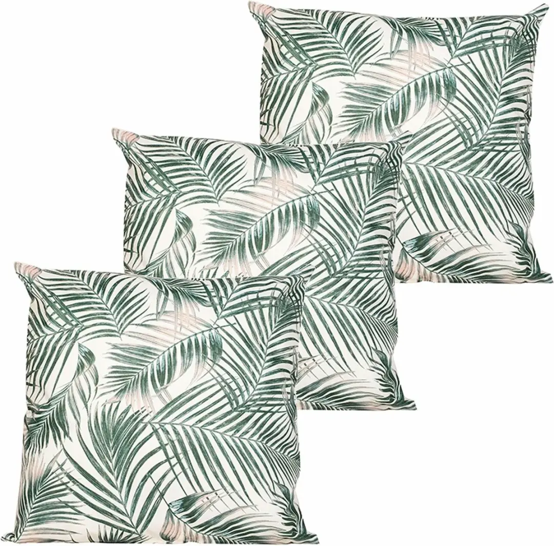 Anna's Collection Buitenkussen Palm 3 Stuks - 60x60cm - Wit/Groen