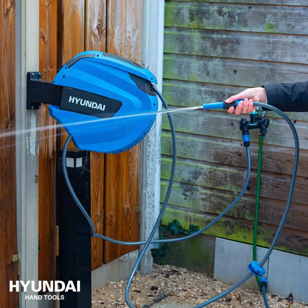 Hyundai Wandslangenbox 30m 12mm - Tuinslanghaspel - Zilver/Blauw/Zwart - afbeelding 6 van 6