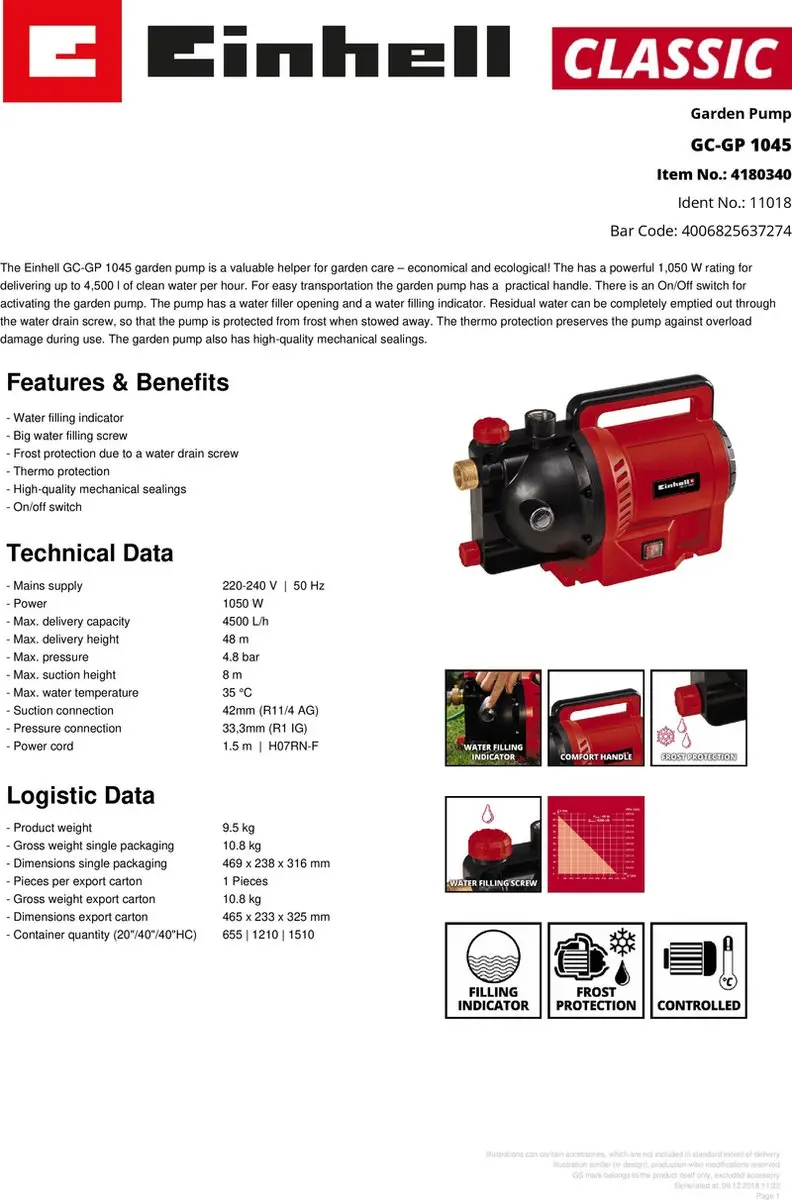 Einhell GC-GP 1045 Elektrische Tuinpomp 1050W