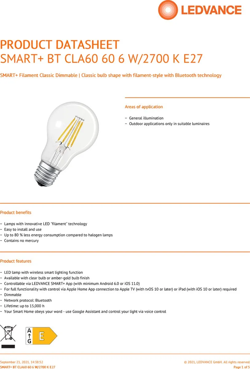 LEDVANCE Smart+ Wifi Classic 6W - 2 Stuks - Wit - afbeelding 2 van 4