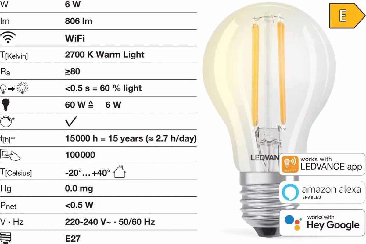 LEDVANCE Smart+ Wifi Classic 6W - 2 Stuks - Wit - afbeelding 3 van 4