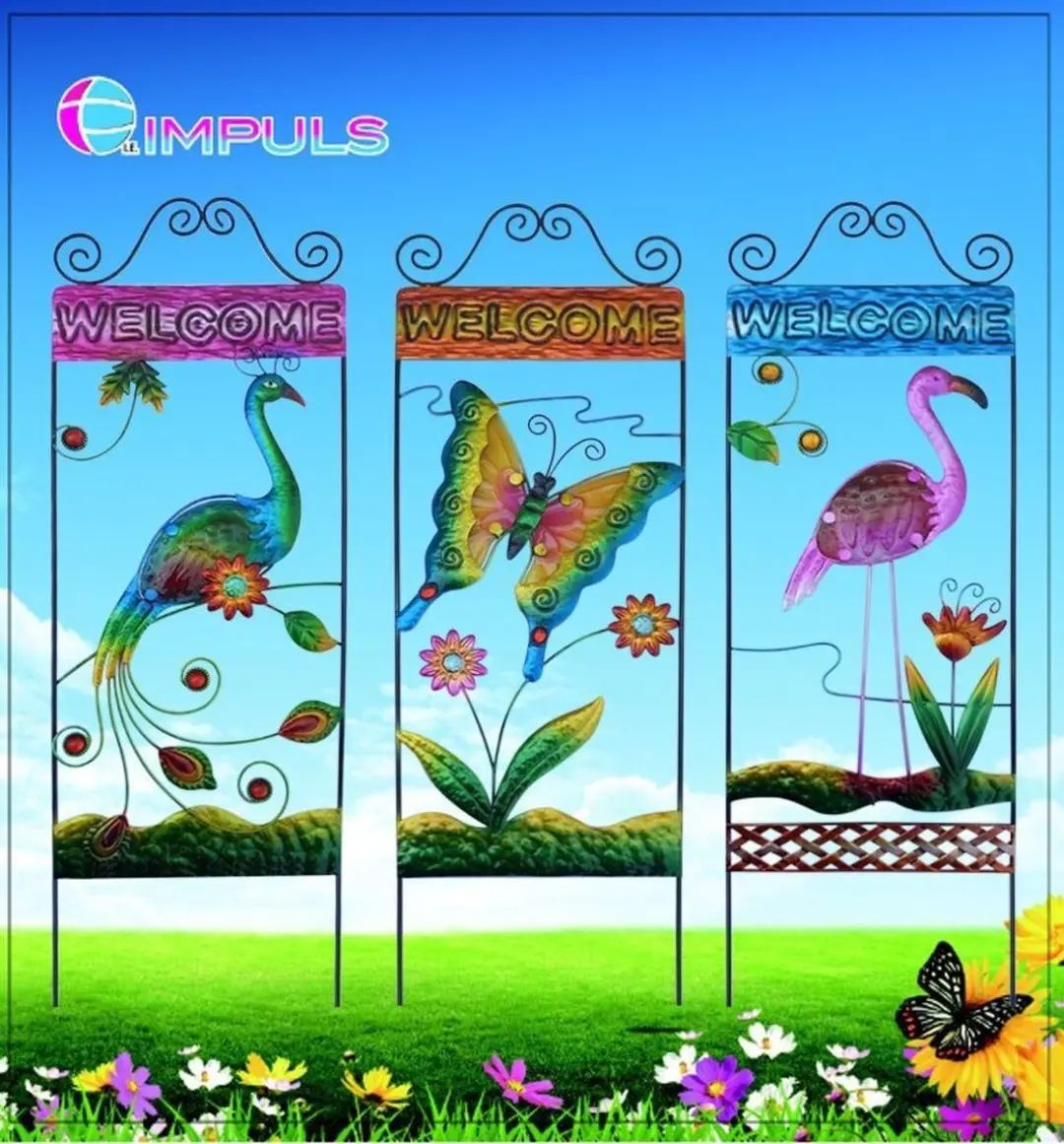 Impuls Tuinsteker Welcome Vlinder Metaal - Zwart Meerkleurig 68cm