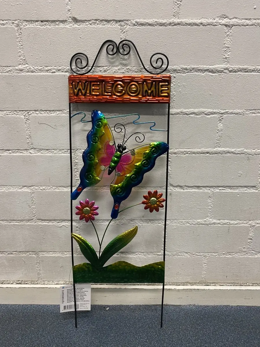 Impuls Tuinsteker Welcome Vlinder Metaal - Zwart Meerkleurig 68cm