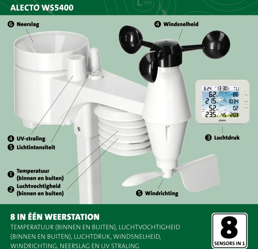 Alecto WS5400 Professioneel WiFi Weerstation - 8-in-1 - Wit-Grijs