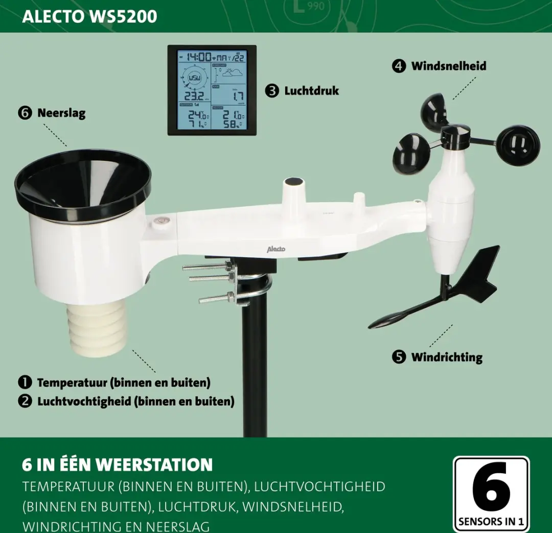 Alecto WS5200 Professioneel WiFi Weerstation - 6-in-1 - Zwart-Wit
