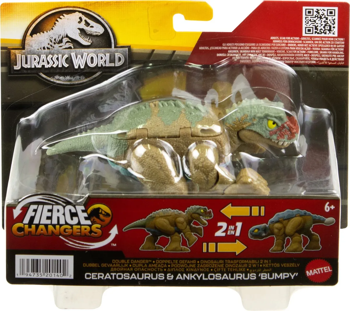 Mattel Jurassic World Fierce Changers Bumpy HVB18 - Ceratosaurus & Ankylosaurus - Blauw/Bruin