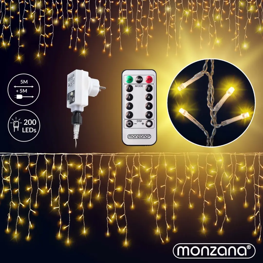 Monzana Lichtgordijn 200 LED Warmwit - Incl. Afstandsbediening
