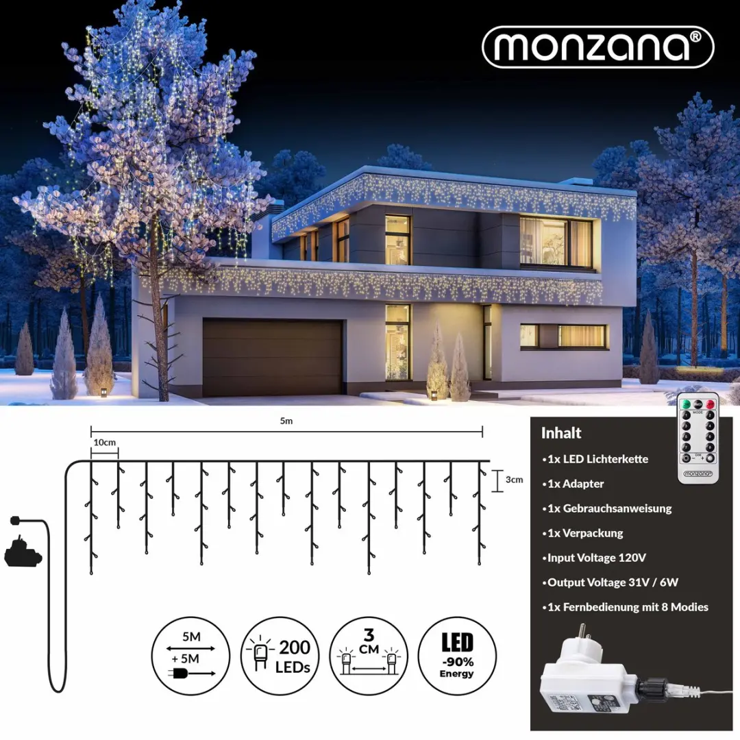 Monzana Lichtgordijn 200 LED Warmwit - Incl. Afstandsbediening